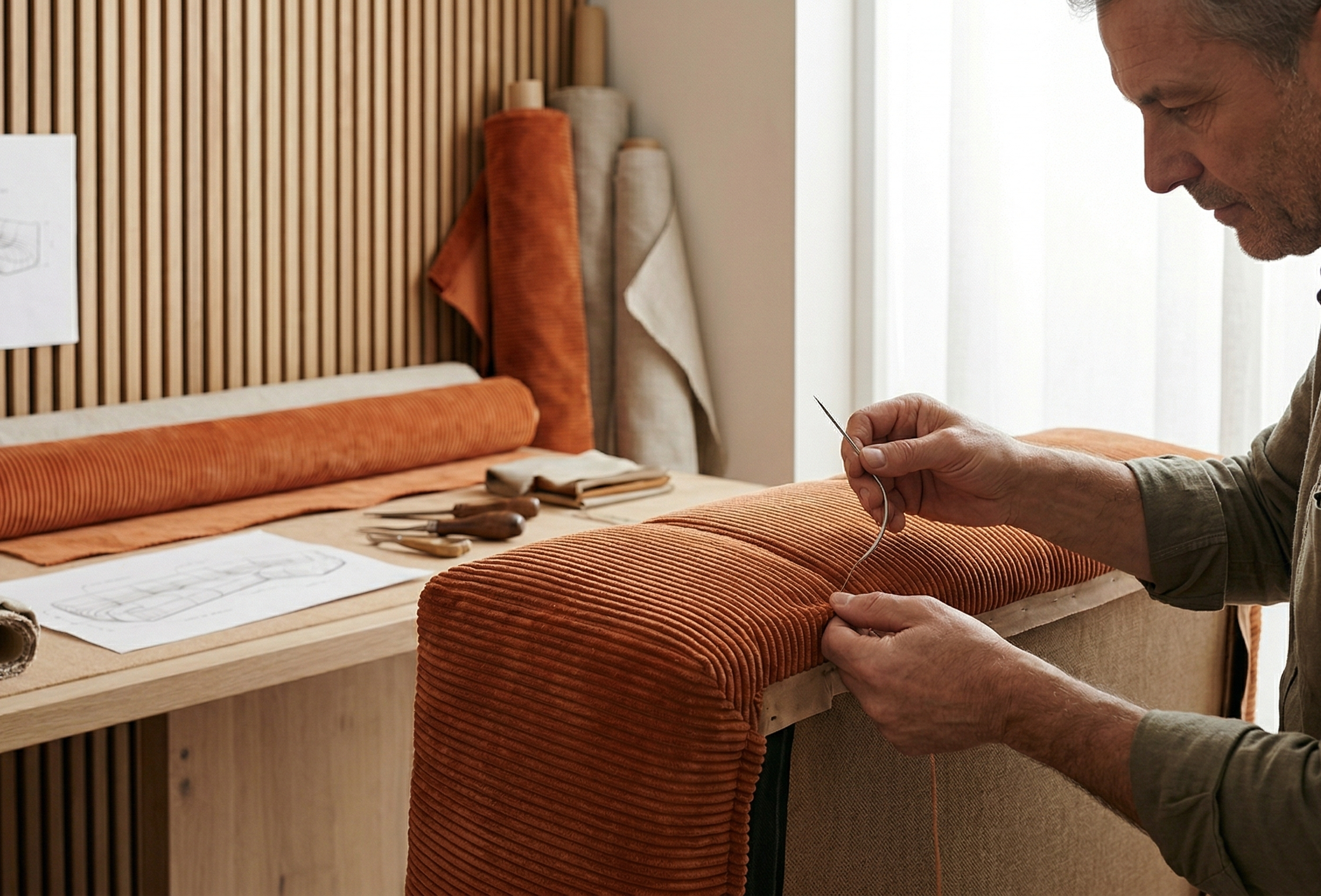 Man working with fabric